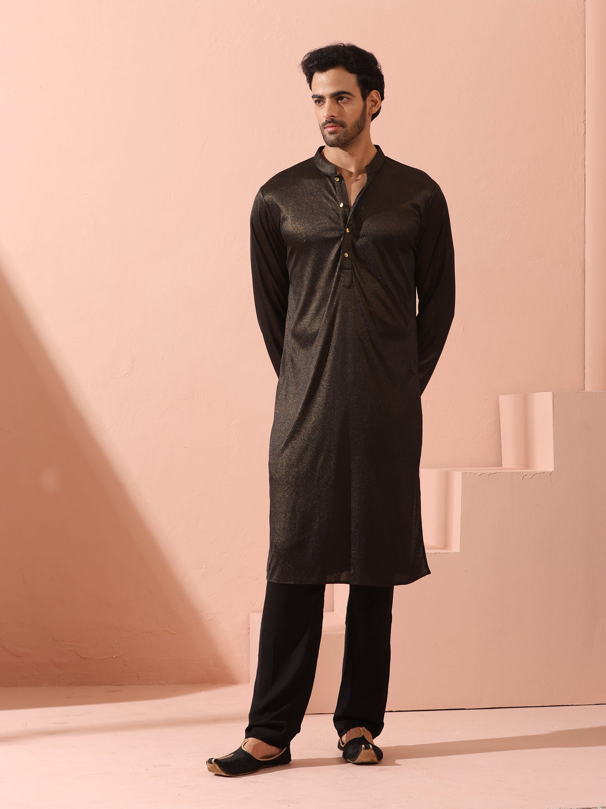 Indyancart ST Black Gold Knit Kurta with Gold Buttons