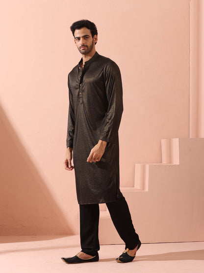 Indyancart ST Black Gold Knit Kurta with Gold Buttons