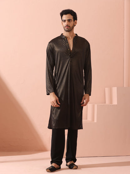 Indyancart ST Black Gold Knit Kurta with Gold Buttons