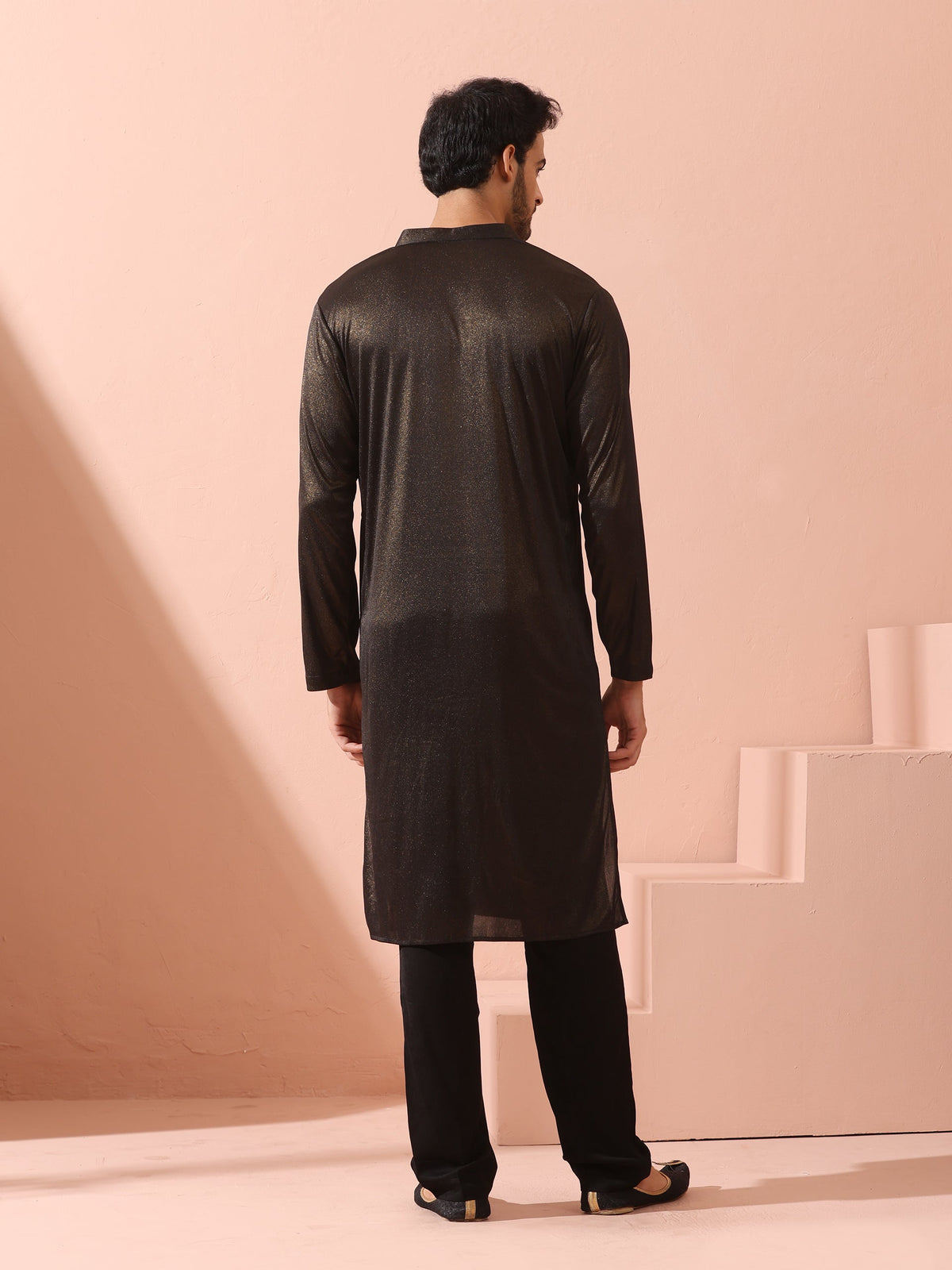 Indyancart ST Black Gold Knit Kurta with Gold Buttons