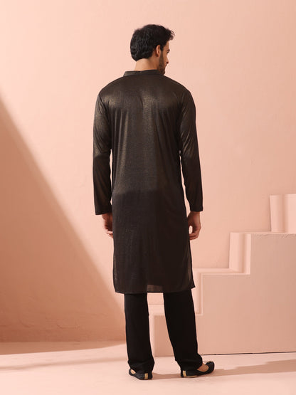 Indyancart ST Black Gold Knit Kurta with Gold Buttons
