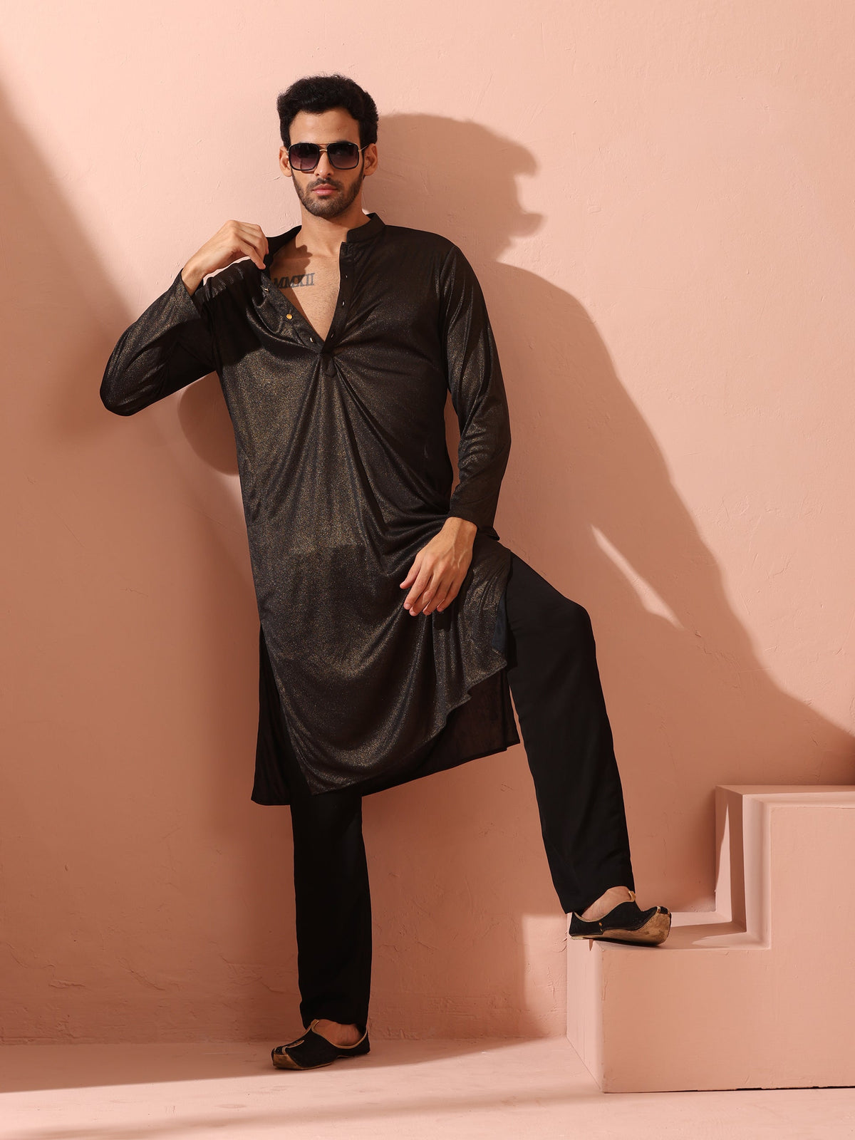 Indyancart ST Black Gold Knit Kurta with Gold Buttons