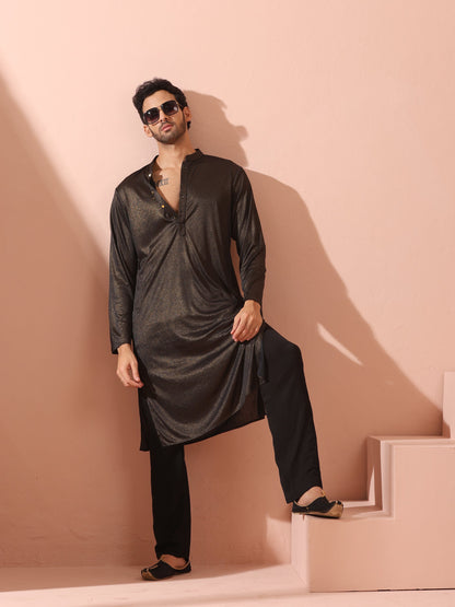 Indyancart ST Black Gold Knit Kurta with Gold Buttons