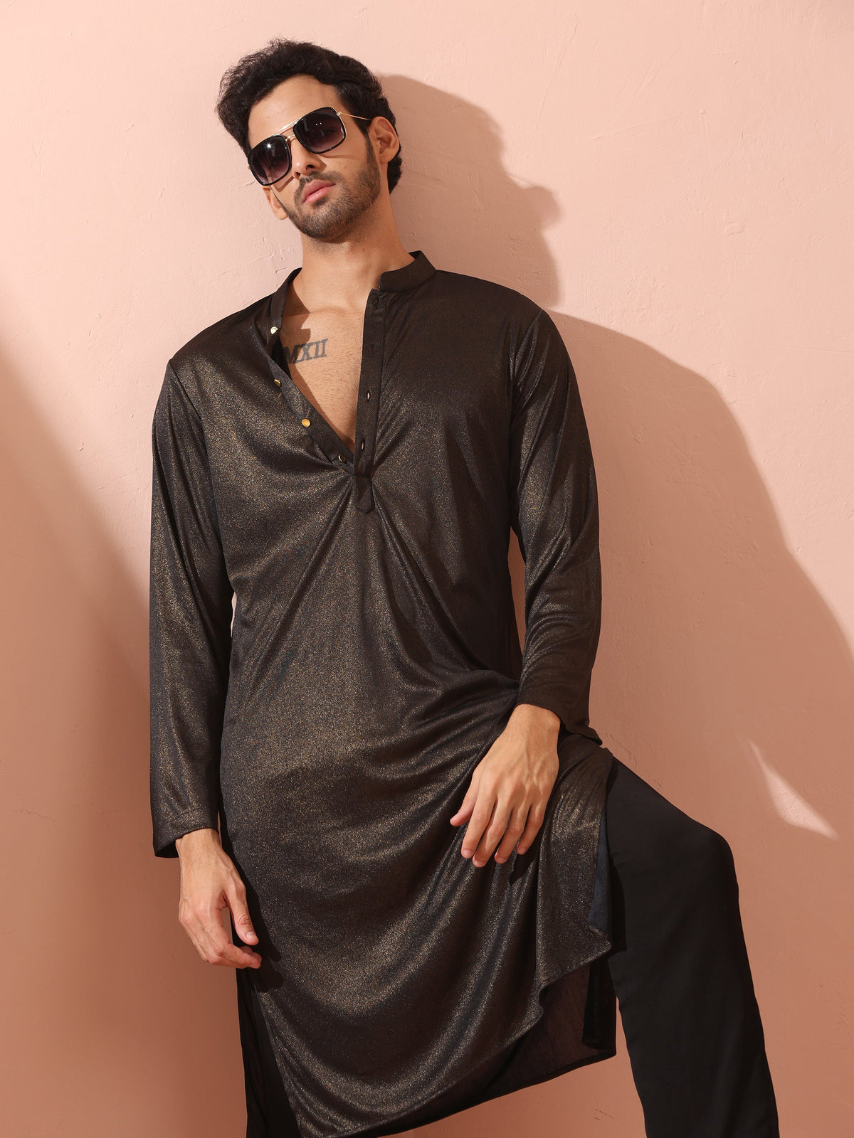 Indyancart ST Black Gold Knit Kurta with Gold Buttons