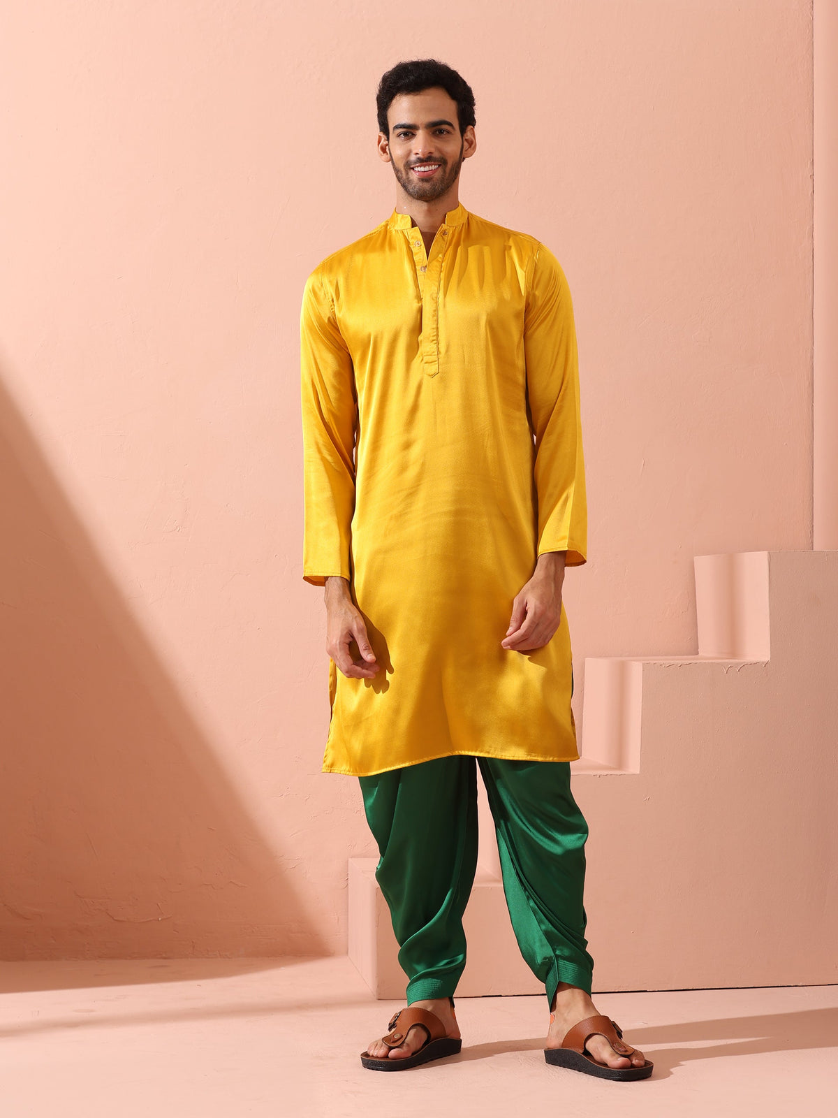 Indyancart ST Yellow Python Satin Kurta with Hidden Placket