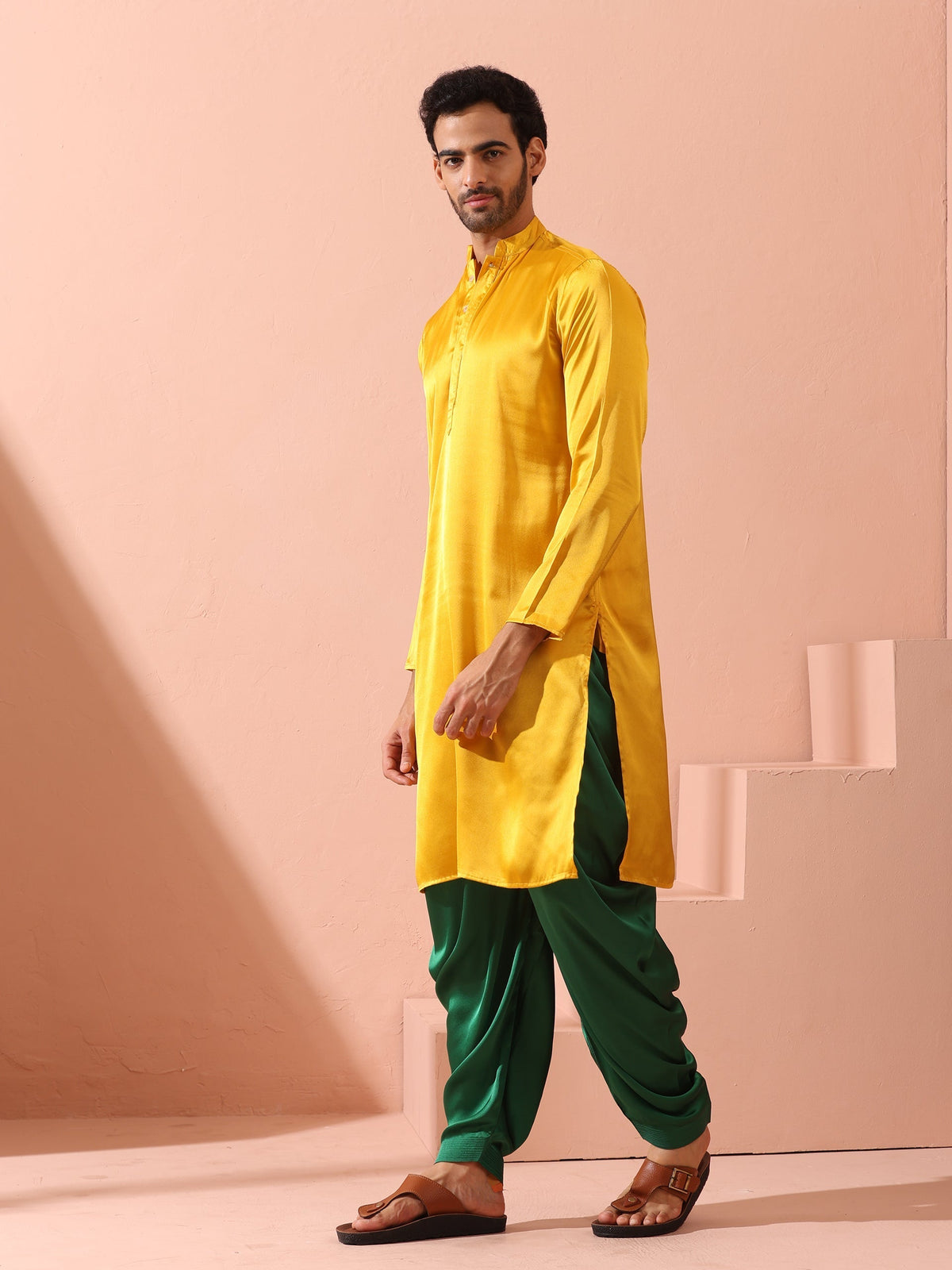Indyancart ST Yellow Python Satin Kurta with Hidden Placket