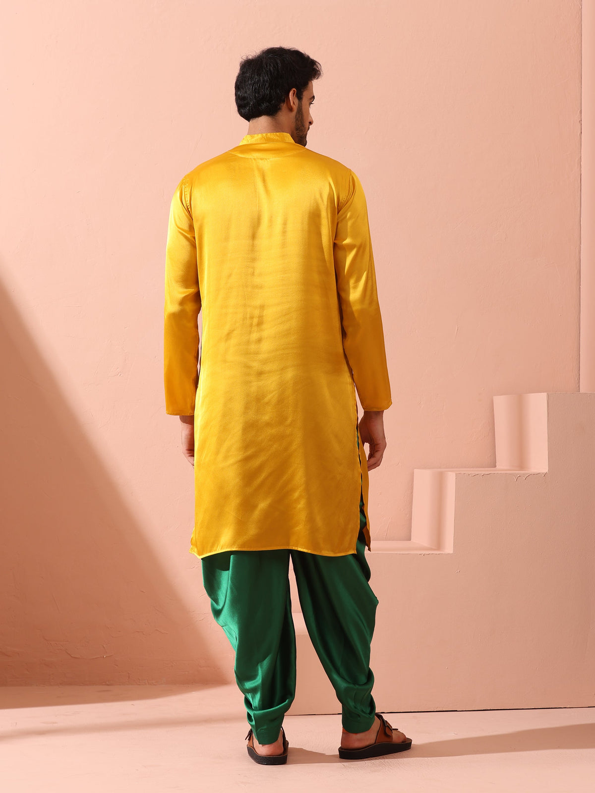 Indyancart ST Yellow Python Satin Kurta with Hidden Placket