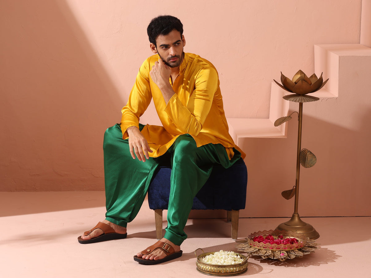 Indyancart ST Yellow Python Satin Kurta with Hidden Placket