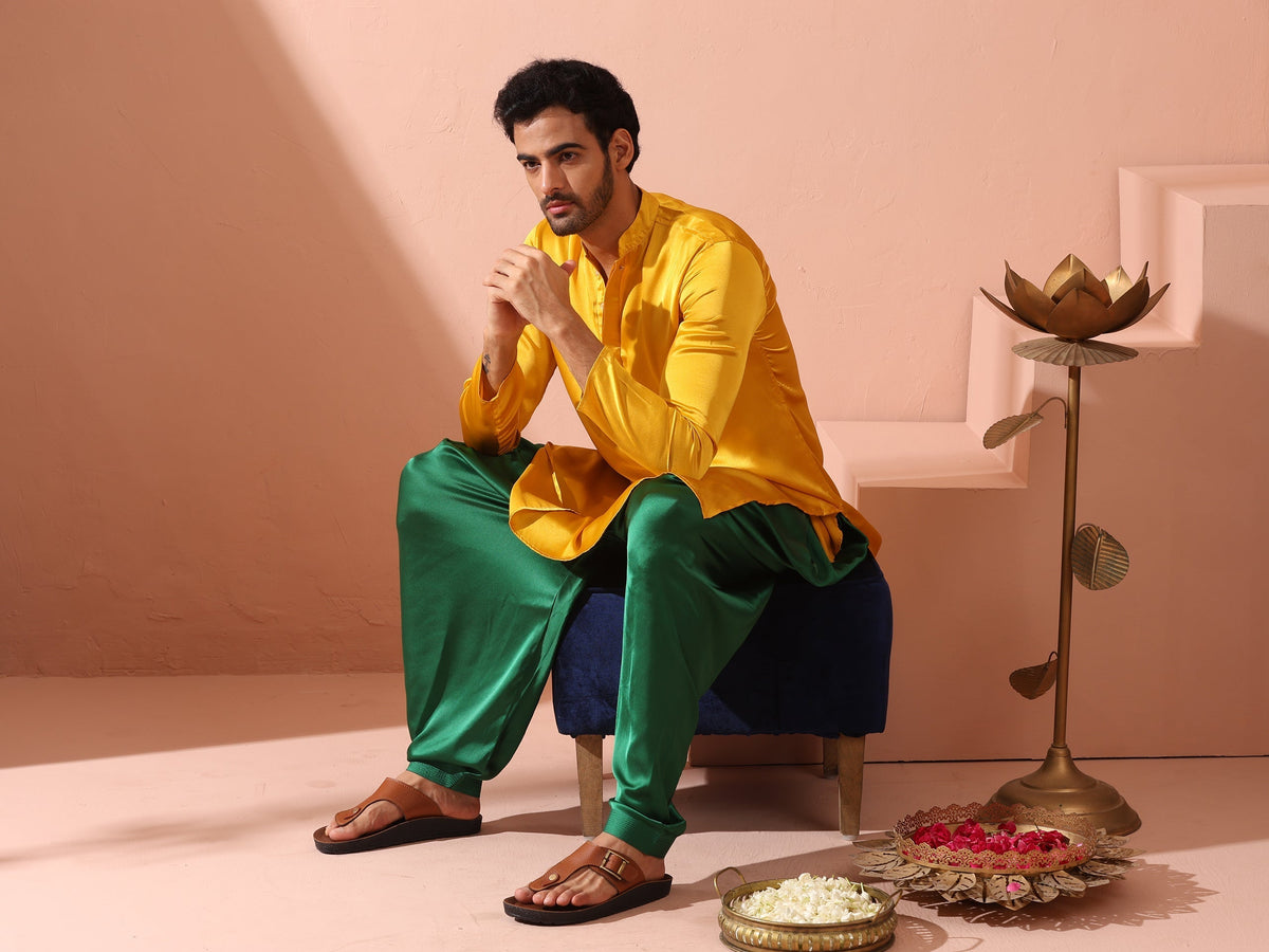 Indyancart ST Yellow Python Satin Kurta with Hidden Placket