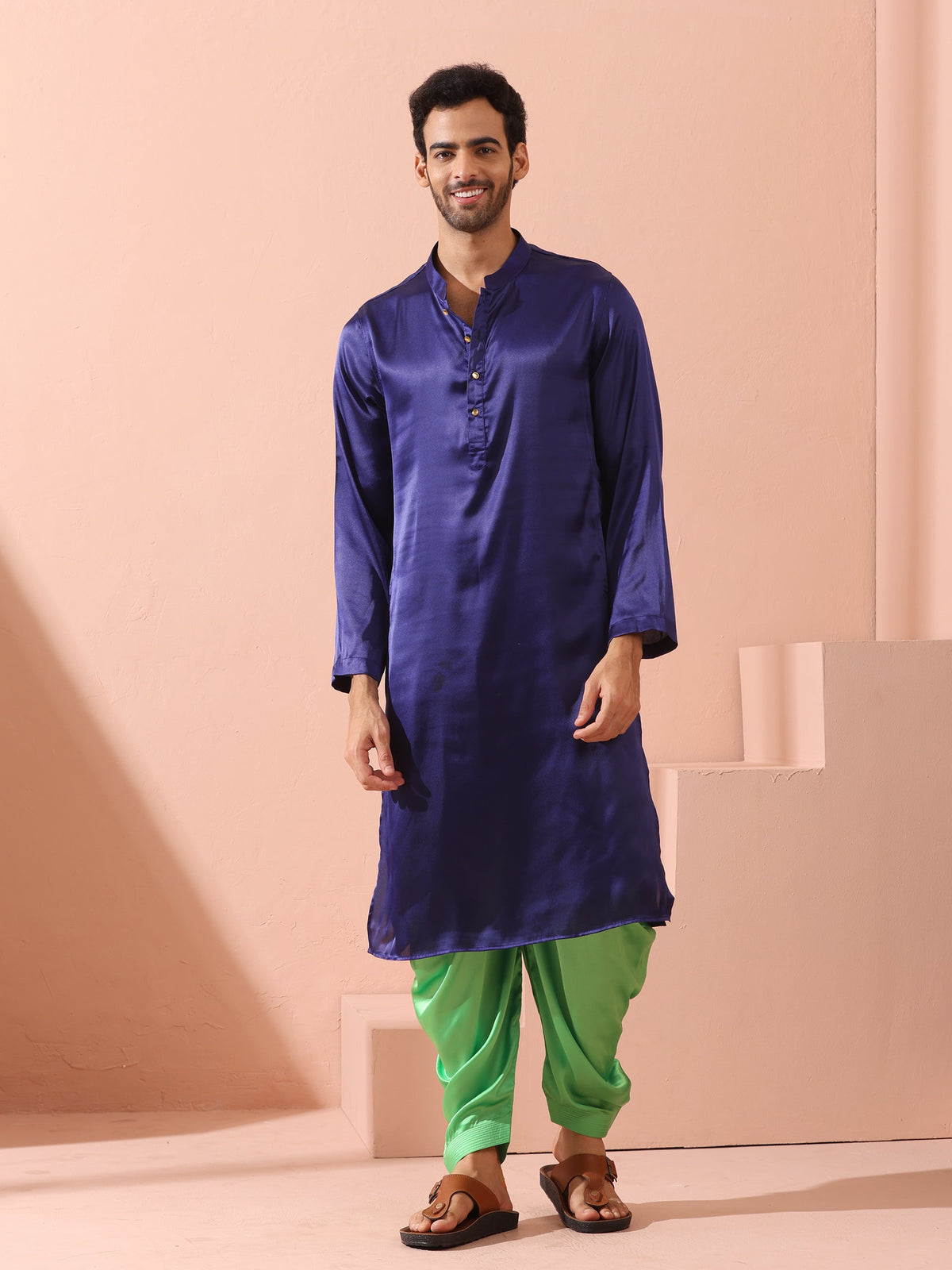 Indyancart ST Defy Royal Blue Satin Kurta with Gold Buttons