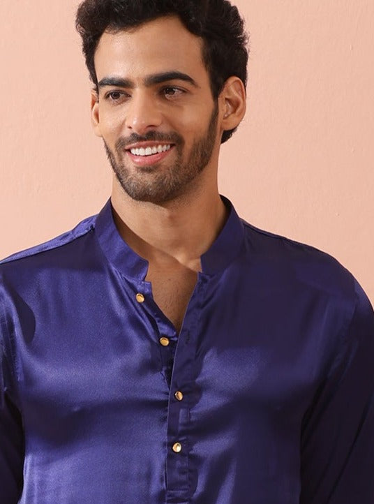 Indyancart ST Defy Royal Blue Satin Kurta with Gold Buttons