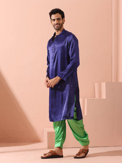 Indyancart ST Defy Royal Blue Satin Kurta with Gold Buttons
