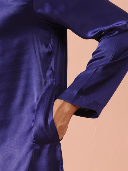 Indyancart ST Defy Royal Blue Satin Kurta with Gold Buttons