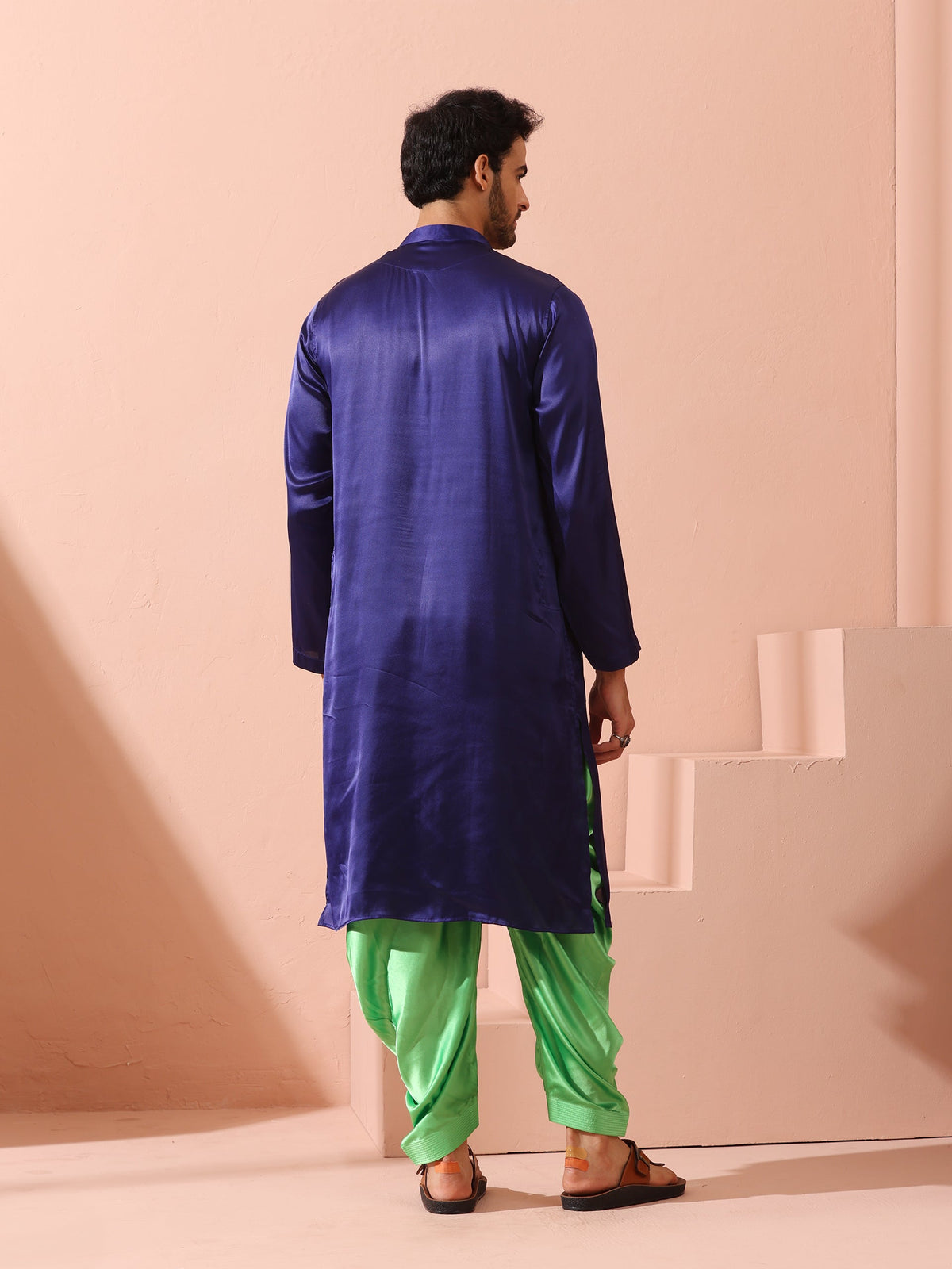 Indyancart ST Defy Royal Blue Satin Kurta with Gold Buttons