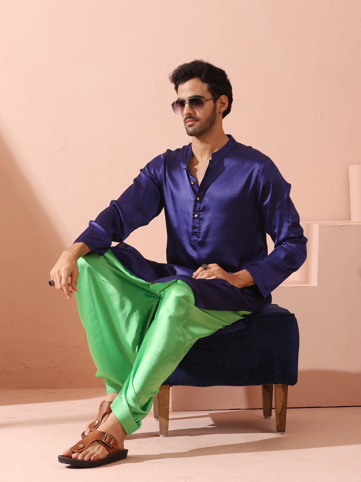 Indyancart ST Defy Royal Blue Satin Kurta with Gold Buttons