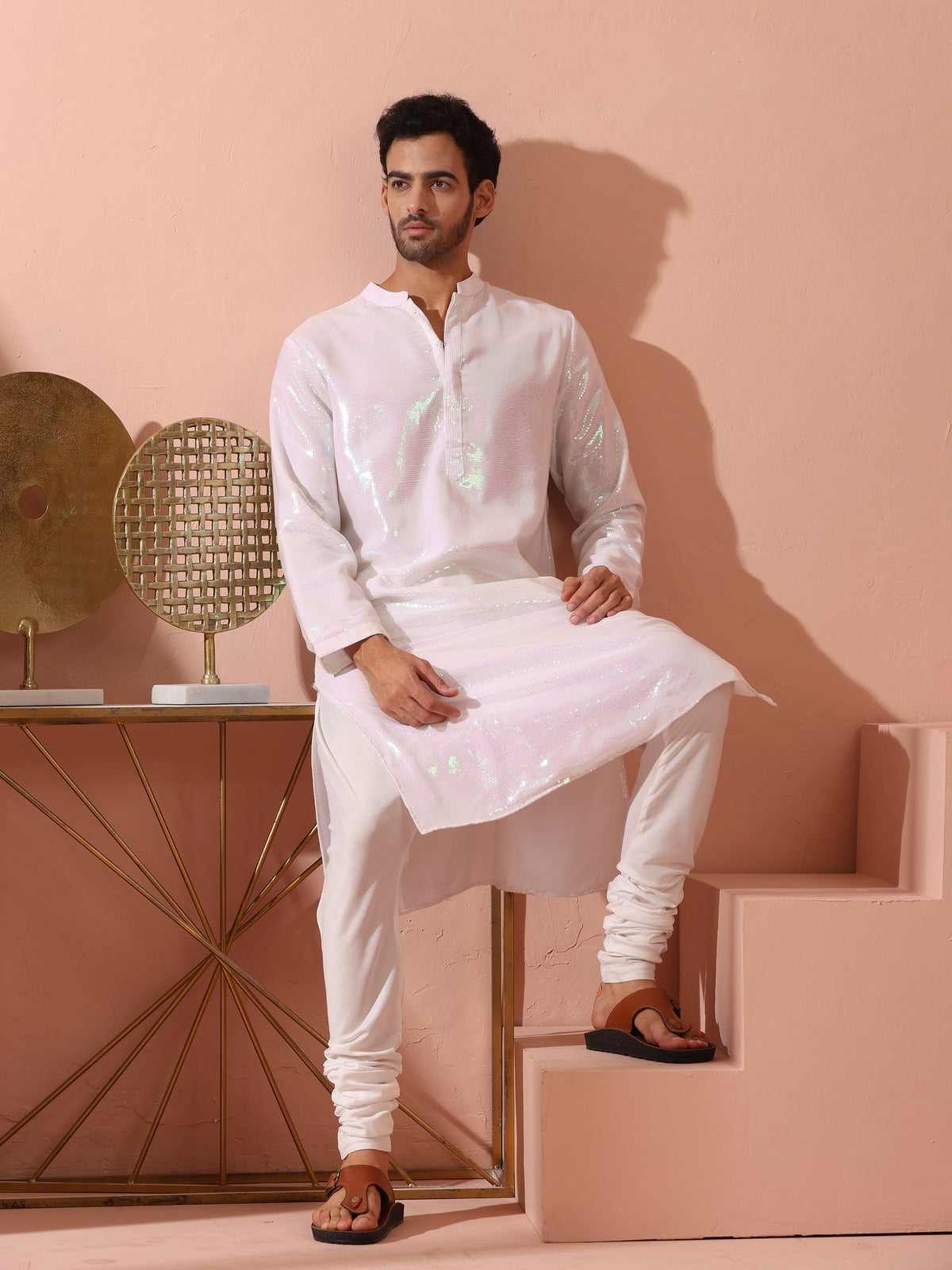 Indyancart ST Irridecent Sequin Kurta with Hidden Placket