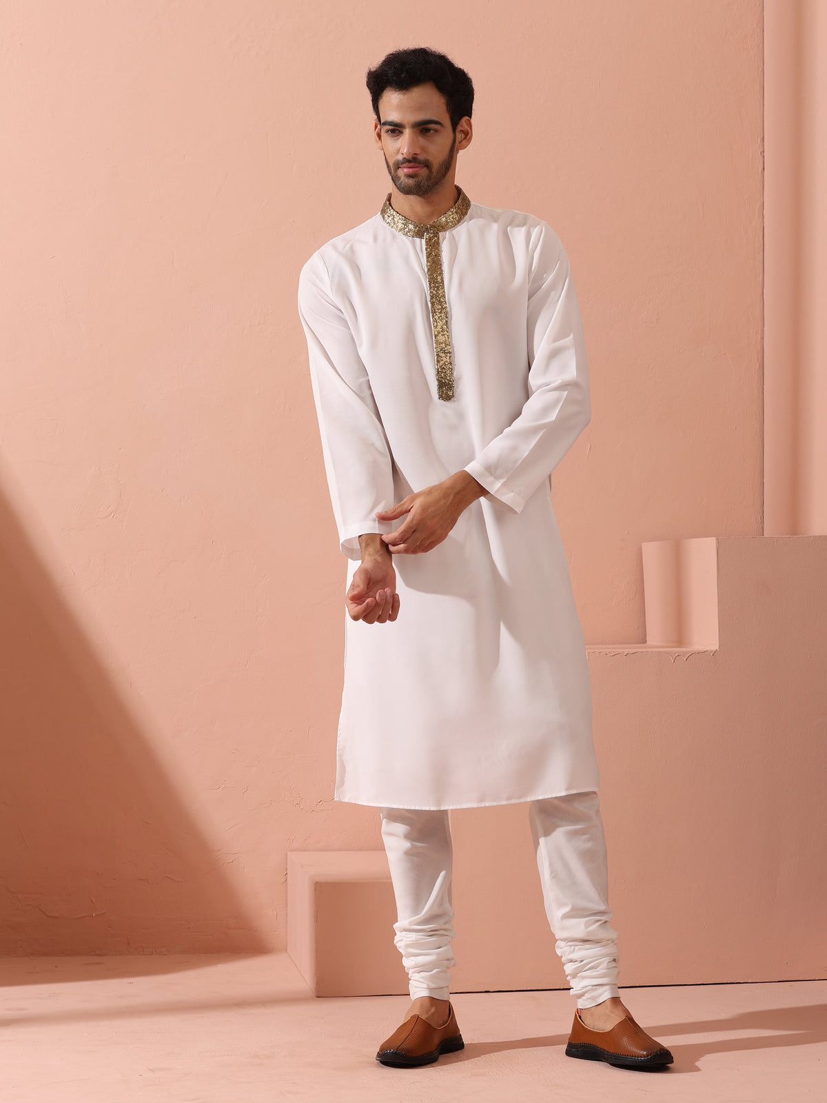Indyancart ST White & Gold Sequin Crepe Kurta with Hidden Placket