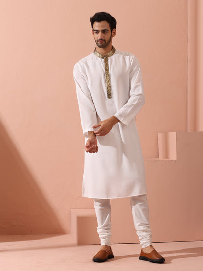 Indyancart ST White & Gold Sequin Crepe Kurta with Hidden Placket