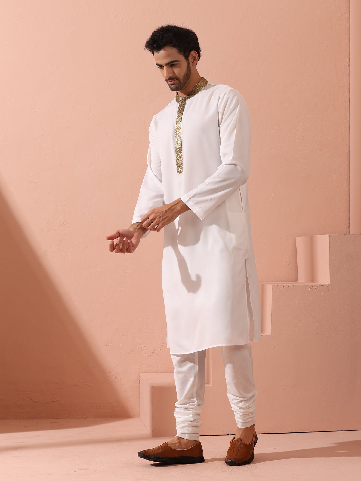 Indyancart ST White & Gold Sequin Crepe Kurta with Hidden Placket