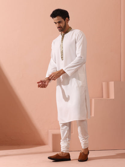 Indyancart ST White & Gold Sequin Crepe Kurta with Hidden Placket