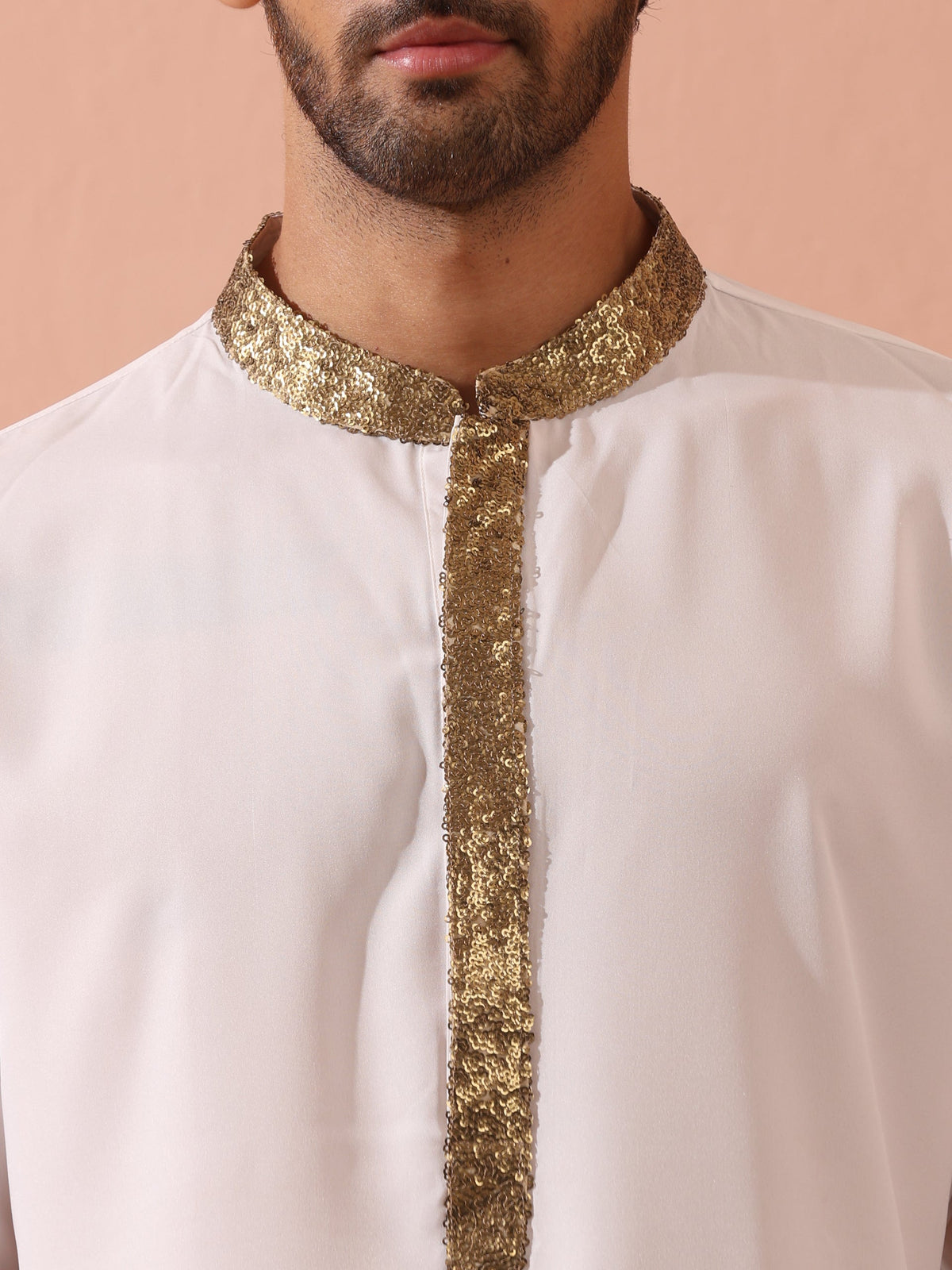 Indyancart ST White & Gold Sequin Crepe Kurta with Hidden Placket