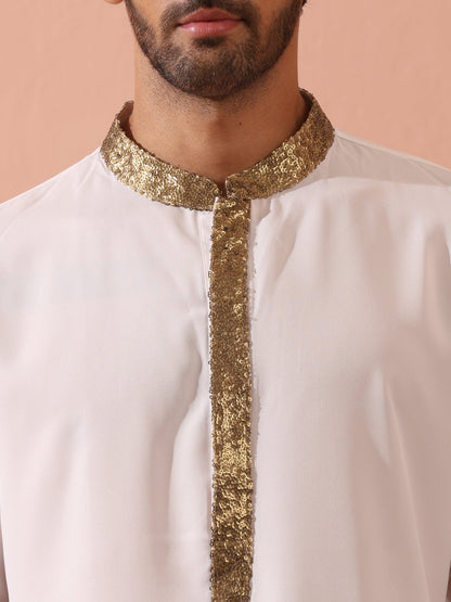 Indyancart ST White & Gold Sequin Crepe Kurta with Hidden Placket