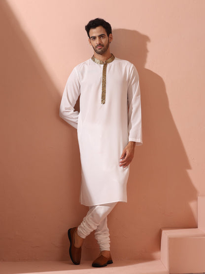 Indyancart ST White & Gold Sequin Crepe Kurta with Hidden Placket