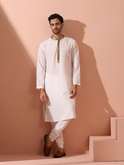 Indyancart ST White & Gold Sequin Crepe Kurta with Hidden Placket