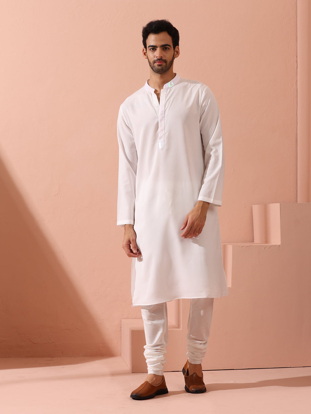 Indyancart ST Dandy White Irridecent Sequin Crepe Kurta with Hidden Placket