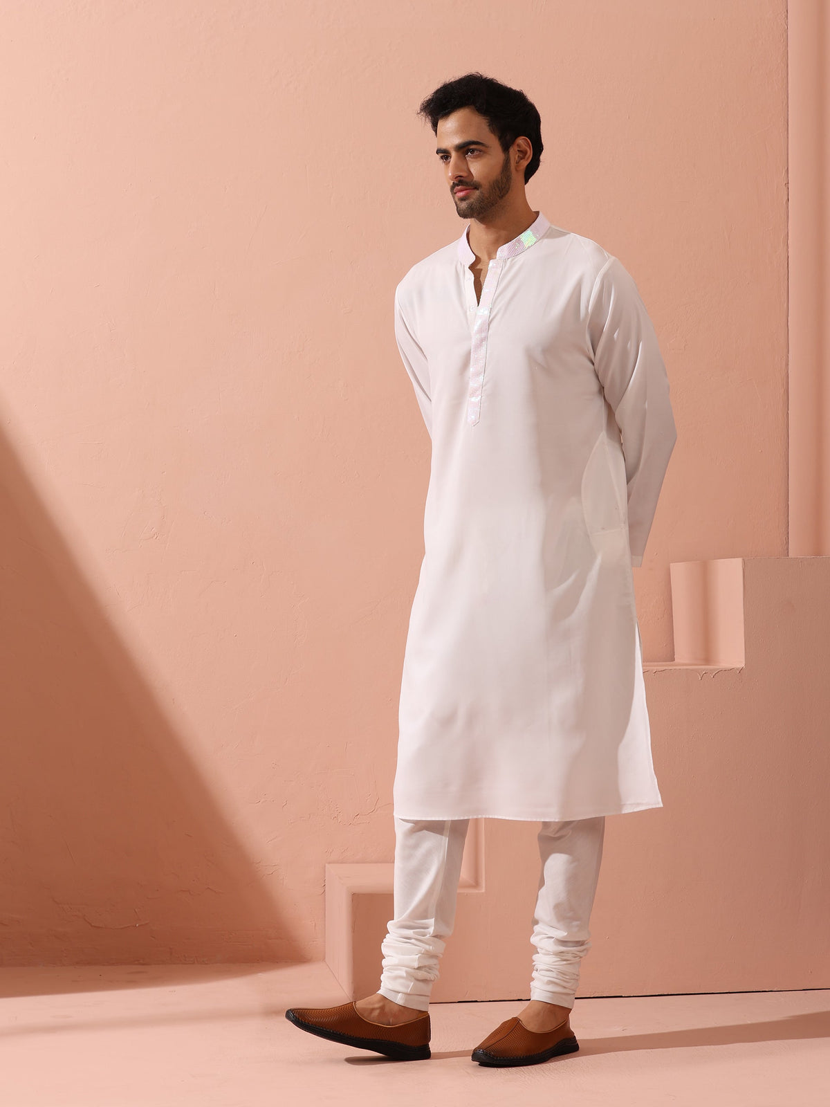 Indyancart ST Dandy White Irridecent Sequin Crepe Kurta with Hidden Placket