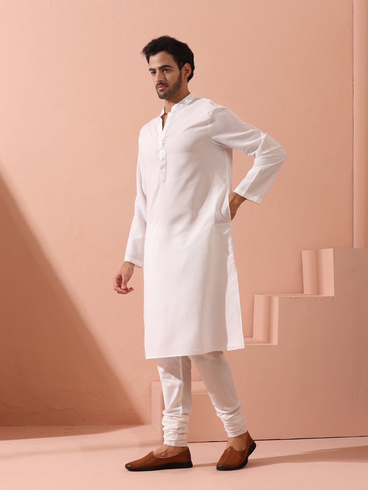 Indyancart ST Dandy White Irridecent Sequin Crepe Kurta with Hidden Placket