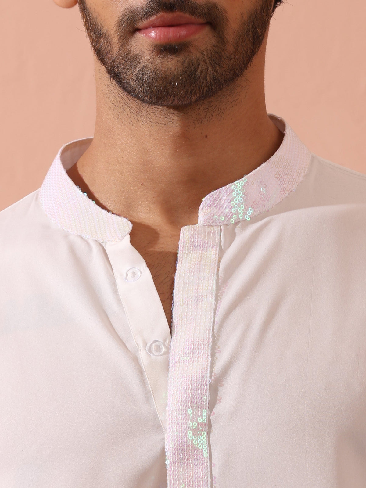 Indyancart ST Dandy White Irridecent Sequin Crepe Kurta with Hidden Placket