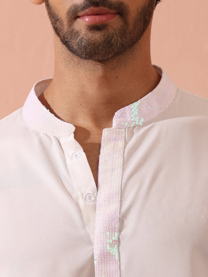 Indyancart ST Dandy White Irridecent Sequin Crepe Kurta with Hidden Placket