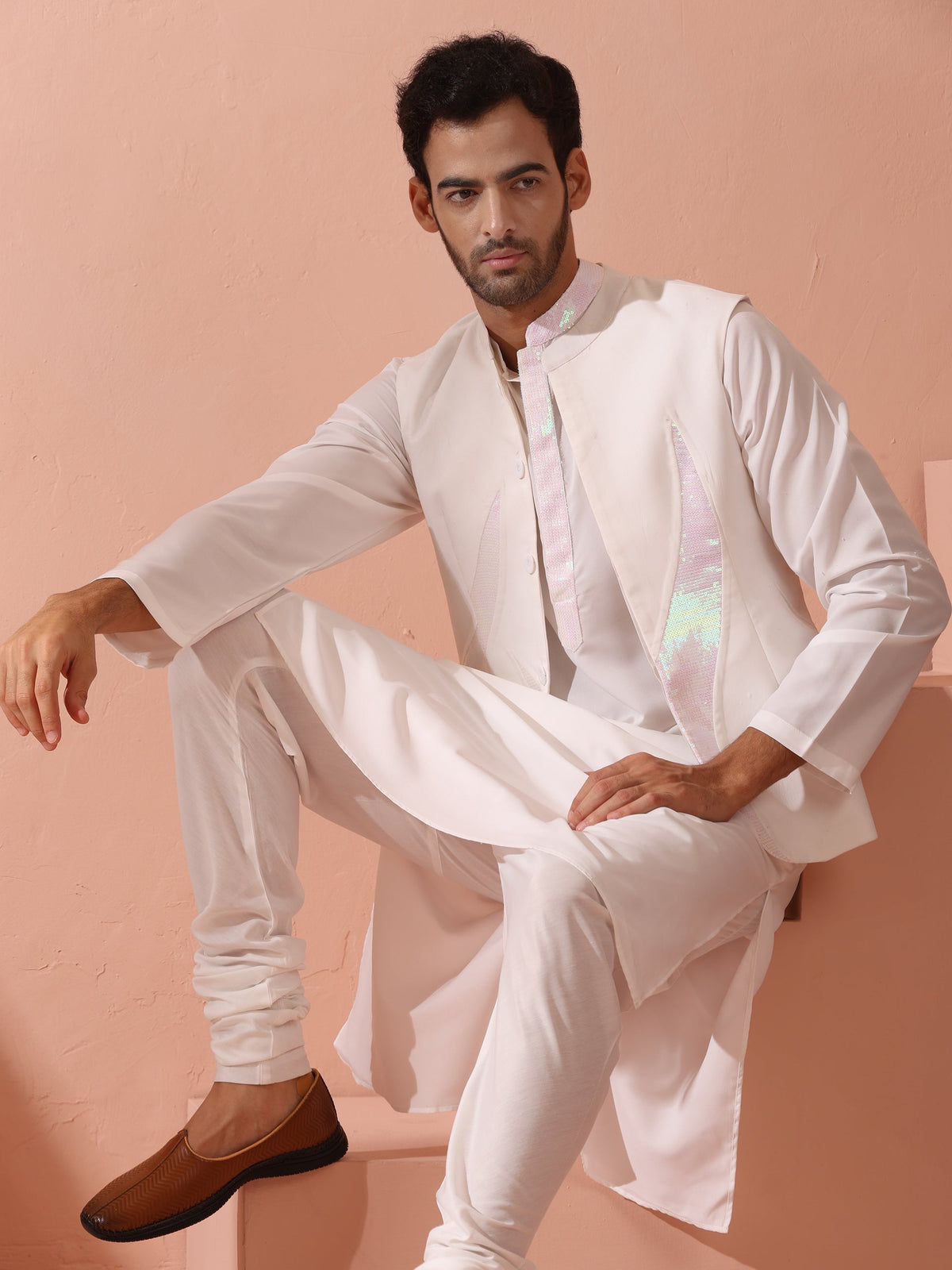 Indyancart ST Dandy White Irridecent Sequin Crepe Kurta with Hidden Placket