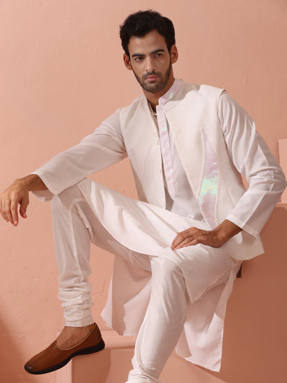 Indyancart ST Dandy White Irridecent Sequin Crepe Kurta with Hidden Placket