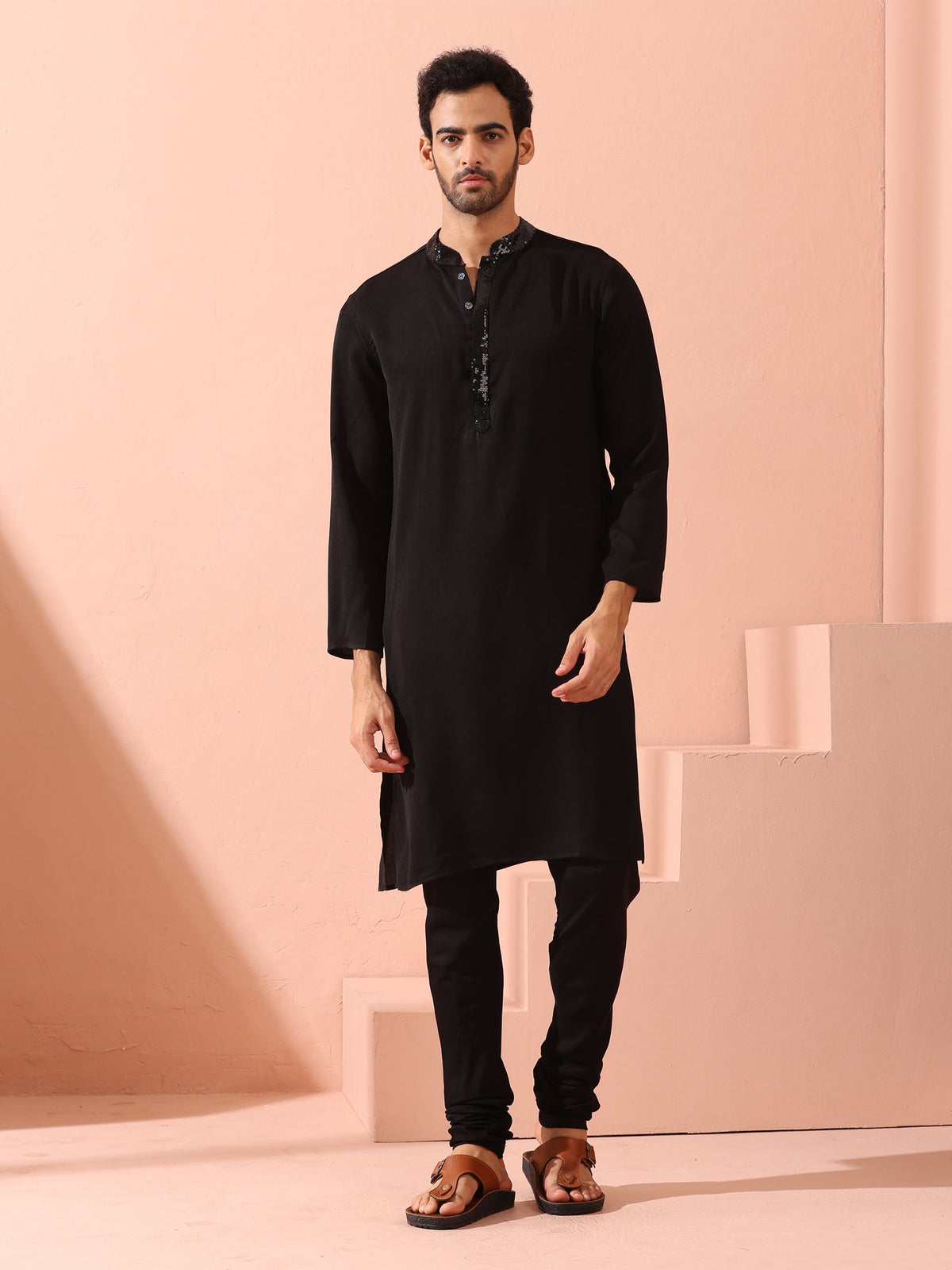 Indyancart ST Tuxedo Black Korean Fabric with Sequin Placket Kurta