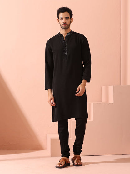 Indyancart ST SET of 2 - Black Korean Kurta with Sequin Placket and Churidar