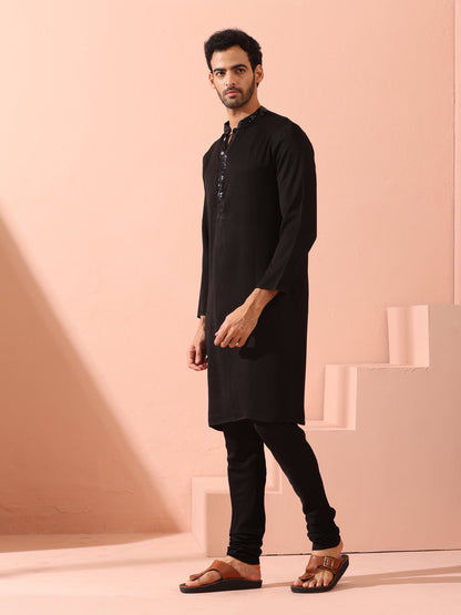 Indyancart ST Tuxedo Black Korean Fabric with Sequin Placket Kurta