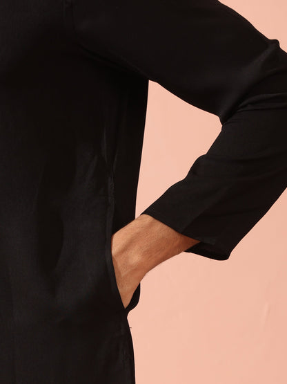 Indyancart ST Tuxedo Black Korean Fabric with Sequin Placket Kurta