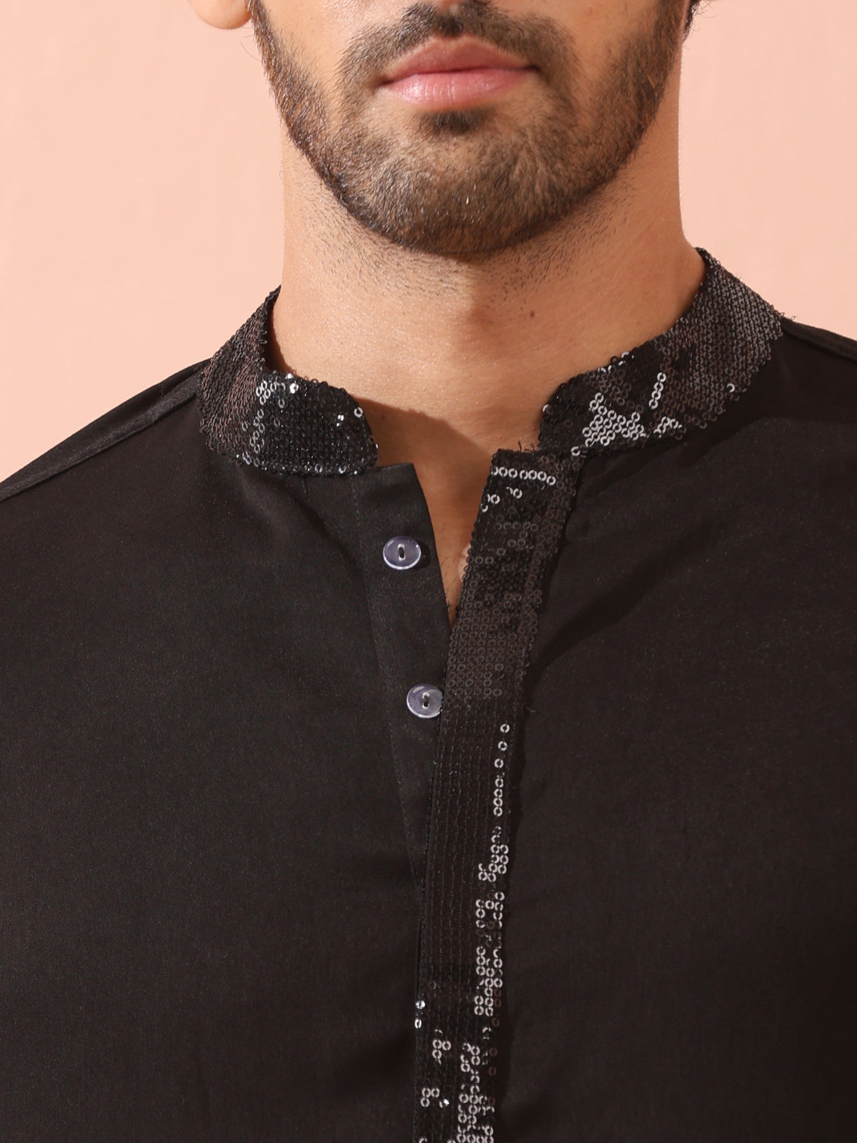 Indyancart ST Tuxedo Black Korean Fabric with Sequin Placket Kurta