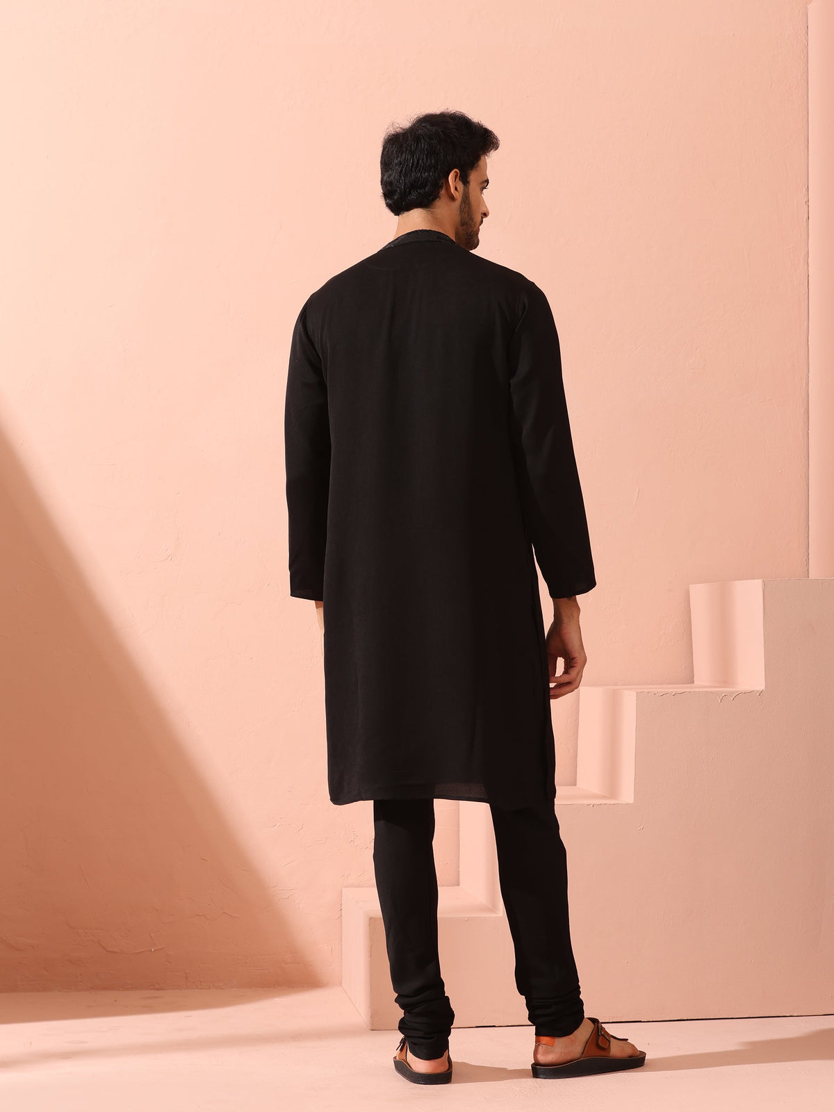 Indyancart ST Tuxedo Black Korean Fabric with Sequin Placket Kurta