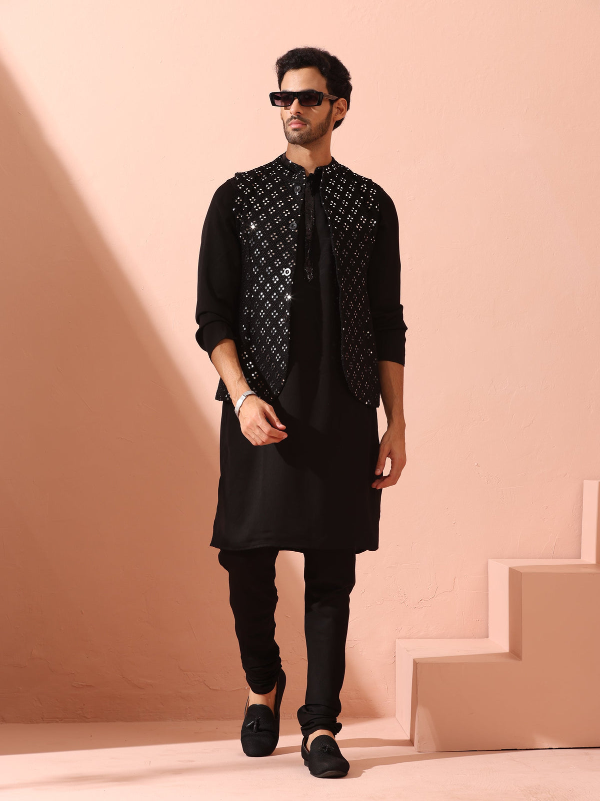 Indyancart ST SET of 2 - Black Korean Kurta with Sequin Placket and Churidar