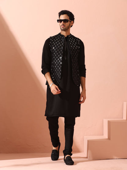 Indyancart ST SET of 2 - Black Korean Kurta with Sequin Placket and Churidar