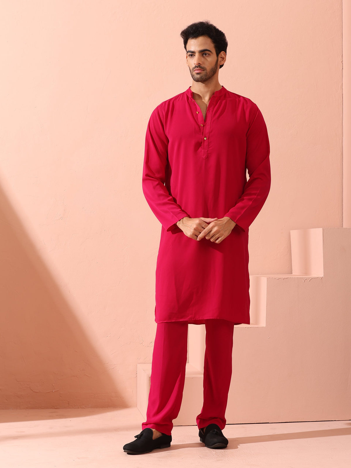 Indyancart ST Fuchsia Korean Fabric Kurta with Gold Buttons