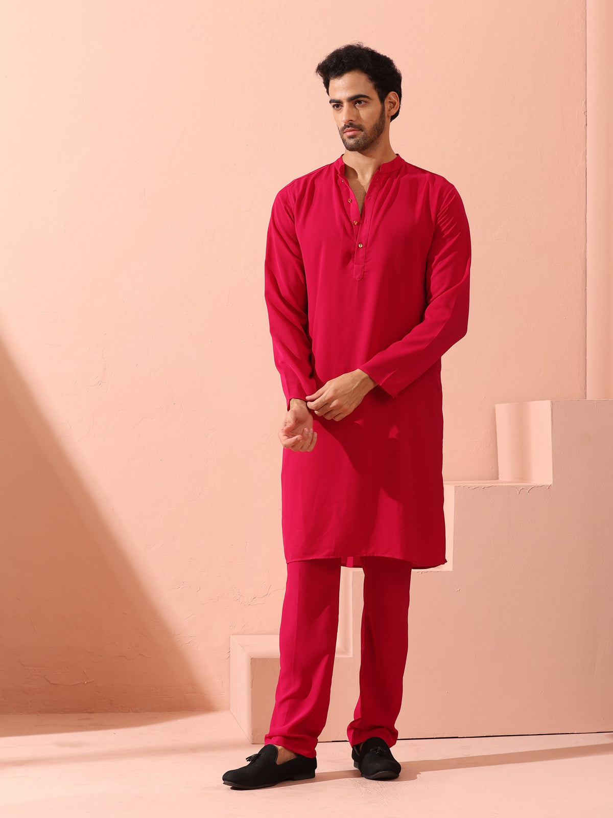 Indyancart ST Fuchsia Korean Fabric Kurta with Gold Buttons