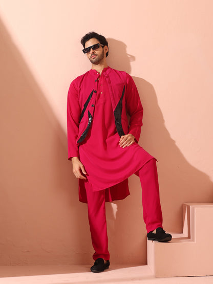 Indyancart ST Fuchsia Korean Fabric Kurta with Gold Buttons