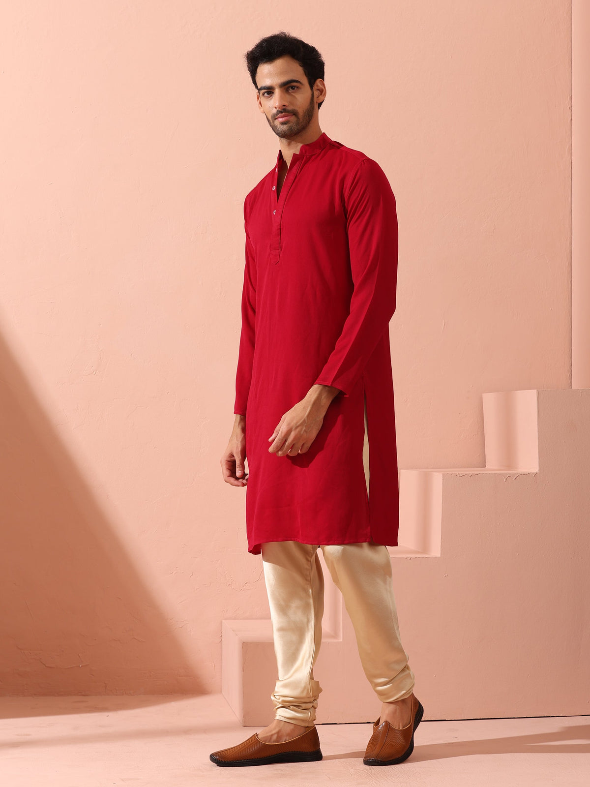 Indyancart ST Red Korean Fabric Kurta with Hidden Placket