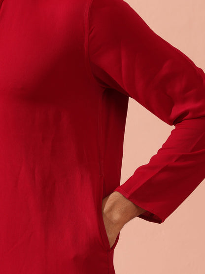 Indyancart ST Red Korean Fabric Kurta with Hidden Placket