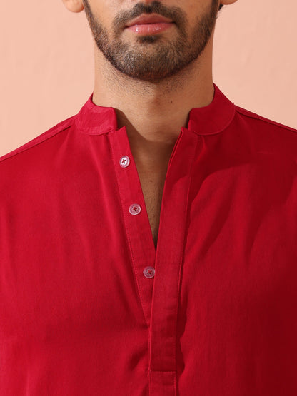 Indyancart ST Red Korean Fabric Kurta with Hidden Placket