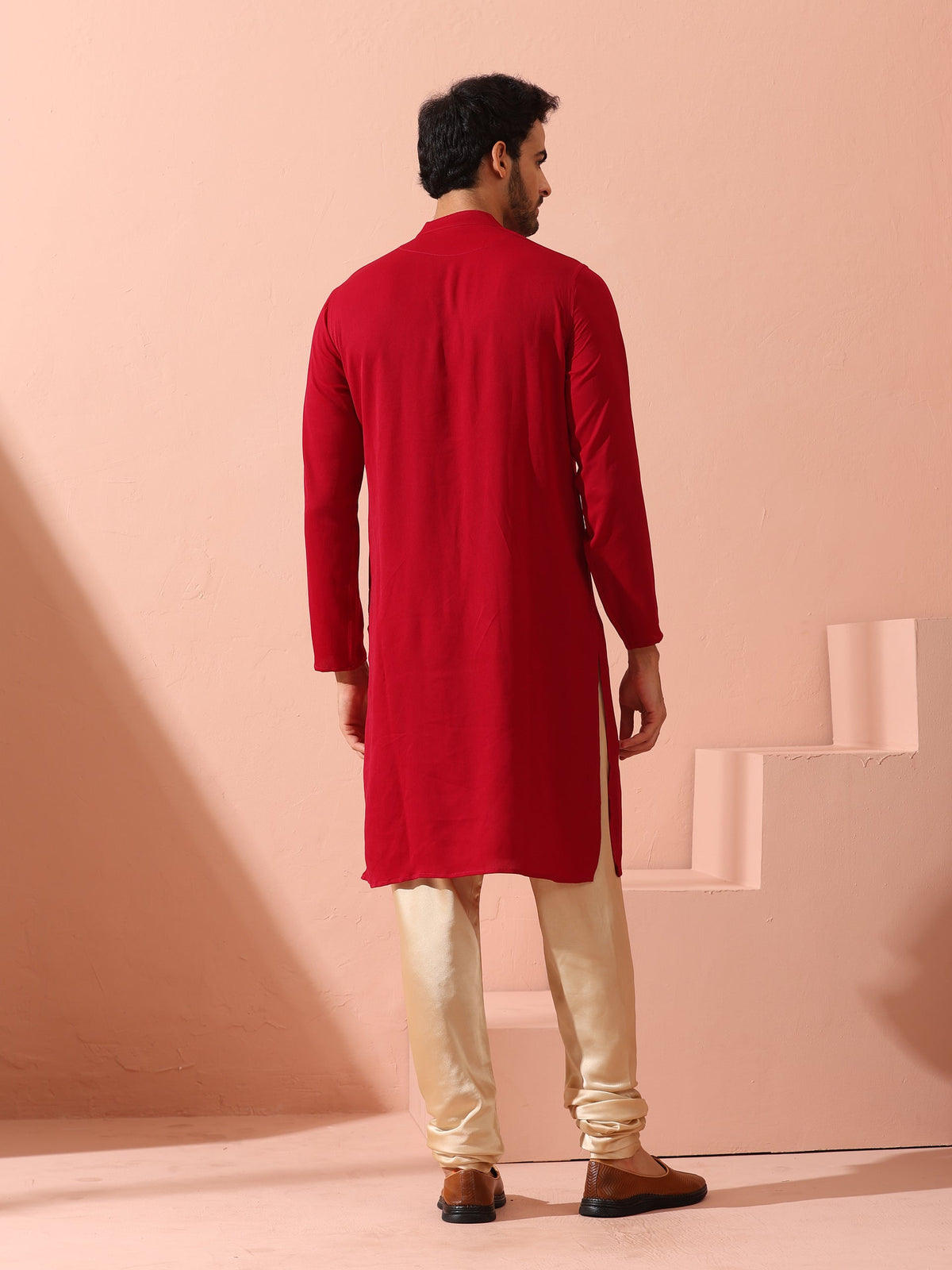 Indyancart ST Red Korean Fabric Kurta with Hidden Placket